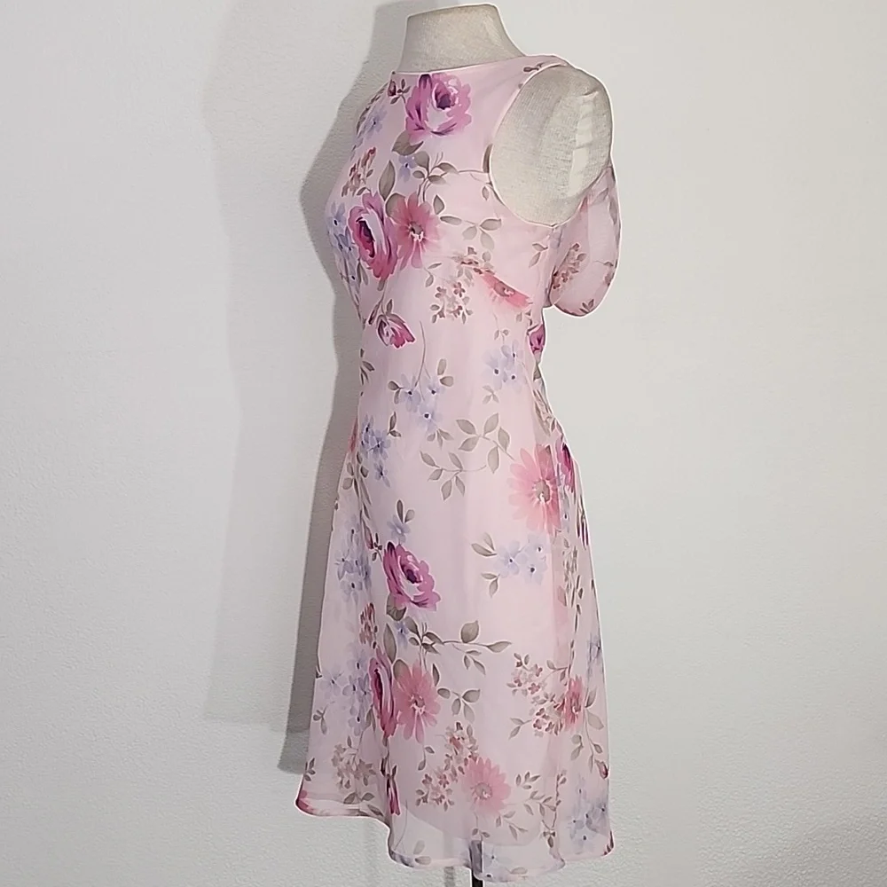 Dress Cowl Drape Back Floral Semi Sheer Overlay Lined Pink Size M - Picture 6 of 9